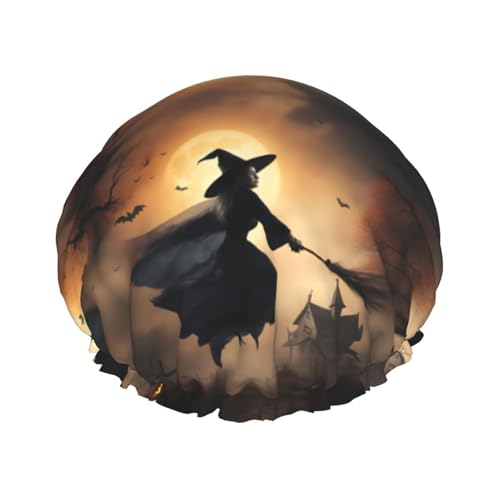 Halloween-Hexe mit fliegendem Druck, Duschhaube für Frauen, wiederverwendbare Badehaube, atmungsaktive Duschhauben, Badeduschhauben mit verstellbarer von Pyjwyfmy