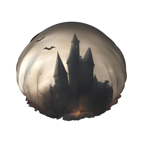 Halloween-Horror-Druck-Duschhaube für Damen, wiederverwendbare Badekappe, atmungsaktive Duschhaube, Bade-Duschhauben mit verstellbaren von Pyjwyfmy