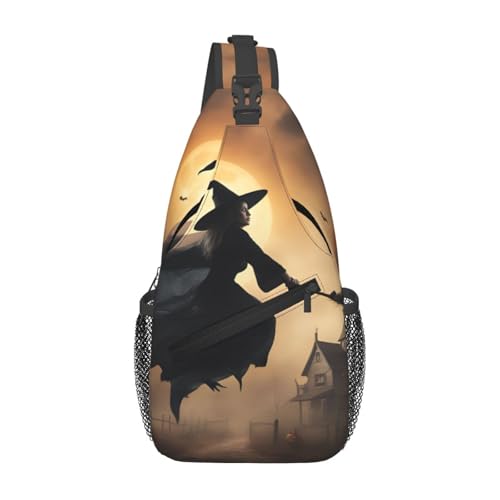 Halloween-Schultertasche mit fliegendem Hexenaufdruck, für Damen und Herren, modische One-Shoulder-Tasche, Reisetasche, Umhängetasche, Schwarz, Einheitsgröße von Pyjwyfmy