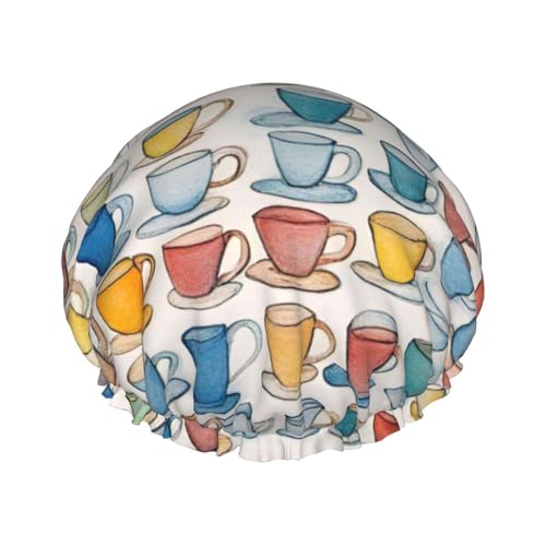 Handgezeichnete Teekannen und Tassen Druck Duschhaube für Frauen, wiederverwendbare Badehaube, atmungsaktive Duschhauben, Badeduschhauben mit verstellbaren von Pyjwyfmy