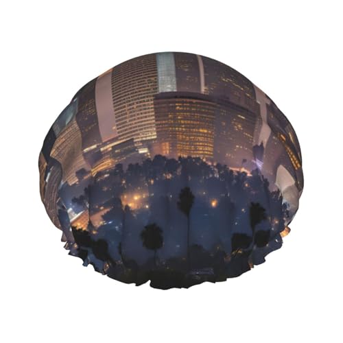 Los Angeles Skyline Print Duschhaube für Damen, wiederverwendbare Badehaube, atmungsaktive Duschhaube, Badeduschhauben mit verstellbarer von Pyjwyfmy