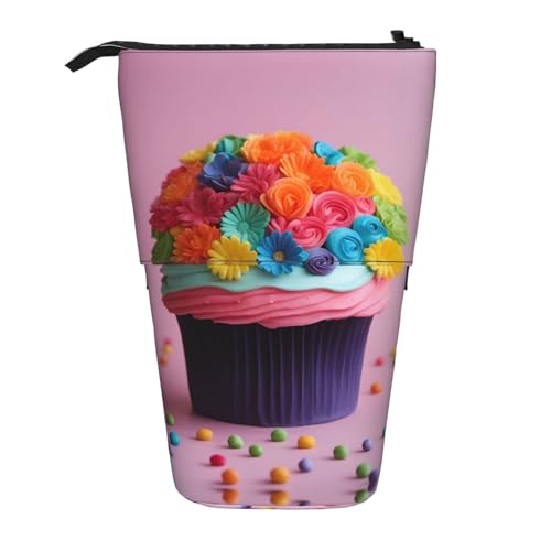 Pyjwyfmy Buntes Federmäppchen mit Cupcake-Motiv und Regenbogenblumen, Stehendes Federmäppchen, Teleskop-Stifttasche, tragbarer Stifthalter für Arbeitszimmer oder Bürobedarf von Pyjwyfmy