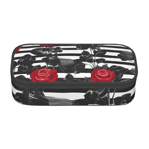 Pyjwyfmy Federmäppchen mit schwarzen weißen Streifen, roten Rosen und Blumen, großes Fassungsvermögen, großes Fassungsvermögen, großes Fassungsvermögen, Make-up-Tasche Pyjwyfmy Federmäppchen mit schwarzen weißen Streifen, roten Rosen und Blumen, großes Fassungsvermögen, großes Fassungsvermögen, großes Fassungsvermögen, Make-up-Tasche von Pyjwyfmy