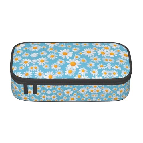 Pyjwyfmy Federmäppchen mit weißem Gänseblümchen auf hellblauem Hintergrund, großes Fassungsvermögen, großes Fassungsvermögen, Make-up-Tasche von Pyjwyfmy