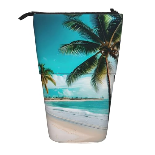 Pyjwyfmy Stehendes Federmäppchen mit Strandpalmen-Aufdruck, Teleskop-Stifttasche, tragbarer Stifthalter für Arbeitszimmer oder Bürobedarf von Pyjwyfmy