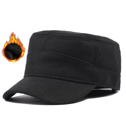 Herren Winter Military Schildmütze: Cuba Army Basecap Haube, Warme Wintermütze Trappermütze Wolle Baseball Cap Kappe, Männer Schildkappen Kopfbedeckung Hut, Groß Kopf XL XXL 61 62 63 cm schwarz von Pyrafox