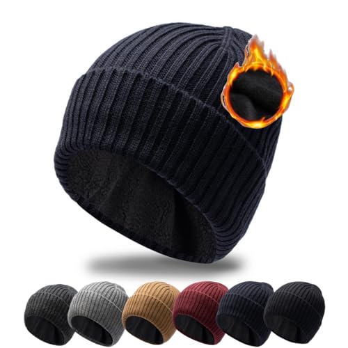 Pyrafox Merinowolle Mütze Herren Wintermütze Merino Wolle Beanie Damen Winter Cap Haube Men Wollmuetze Strickmuetze Muetze, Dunkelblau M L Grosser Kopf von Pyrafox
