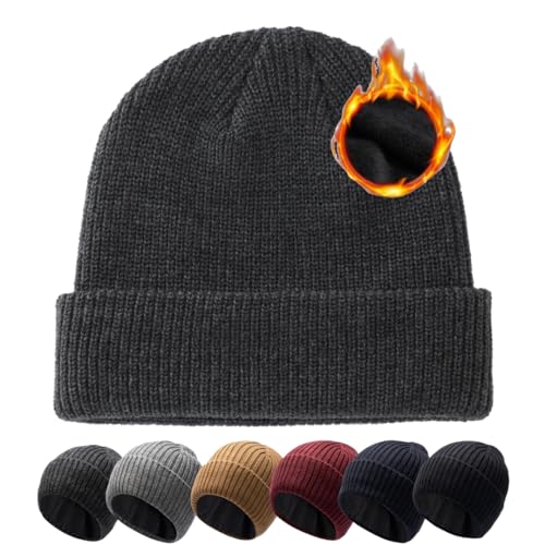 Pyrafox Merinowolle Mütze Herren Wintermütze Merino Wolle Beanie Damen Winter Cap Haube Men Wollmuetze Strickmuetze Muetze, Dunkelgrau Großer Kopf XL XXL von Pyrafox