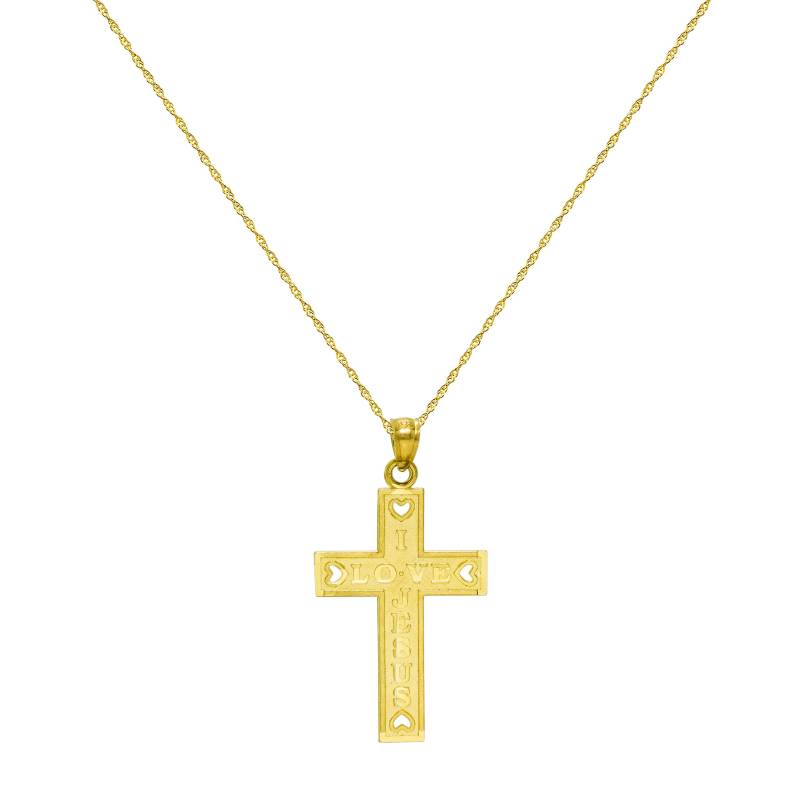 14K Gelbgold Ich Liebe Jesus Kreuz Anhänger Halskette von PyramidJewelry