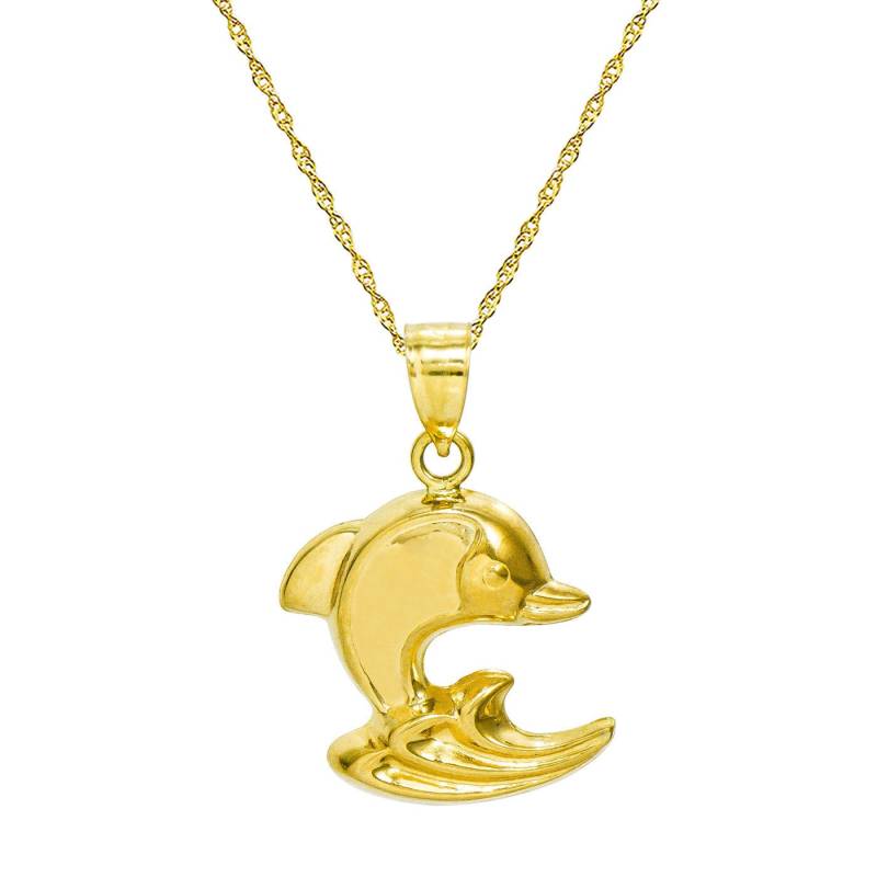 14K Gelbgold Porpoisierende Delfin Anhänger Halskette von PyramidJewelry