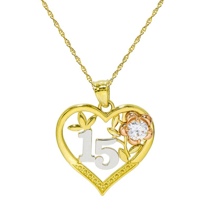 14K Gold 15-Tri-Farbe Quinceanera Herz Anhänger Halskette von PyramidJewelry