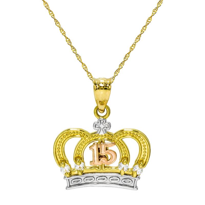 14K Gold 15-Tri-Farbe Quinceanera Krone Anhänger Halskette von PyramidJewelry