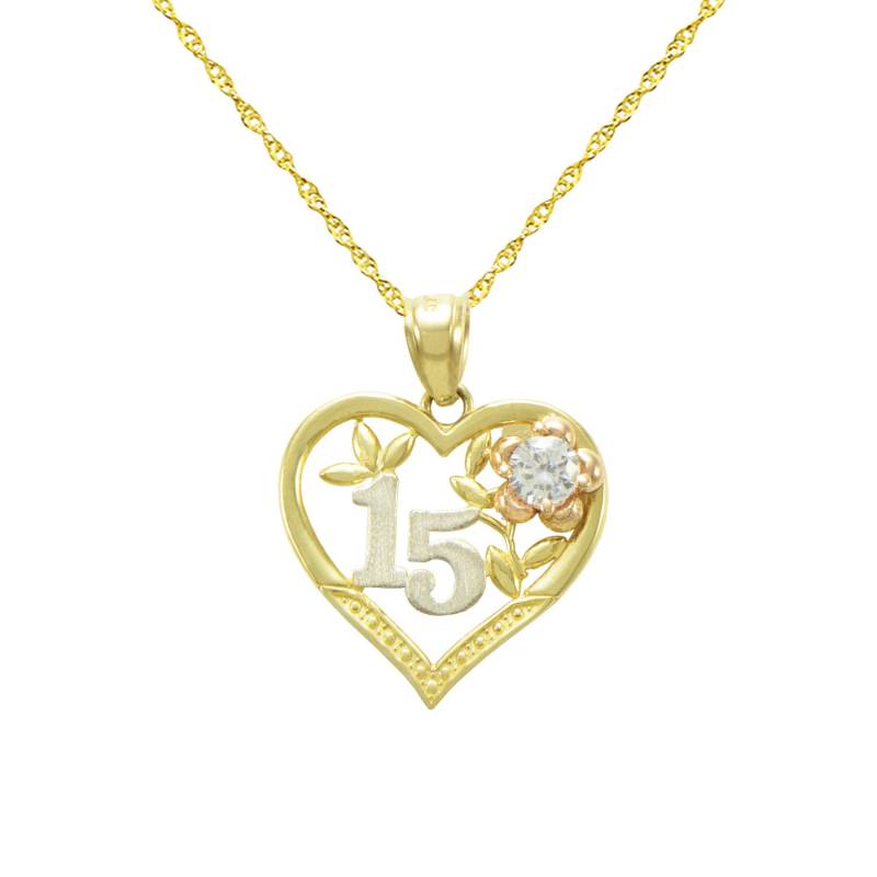 14K Tri-Color Gold 15 Anos Quinceanera Anhänger Halskette von PyramidJewelry