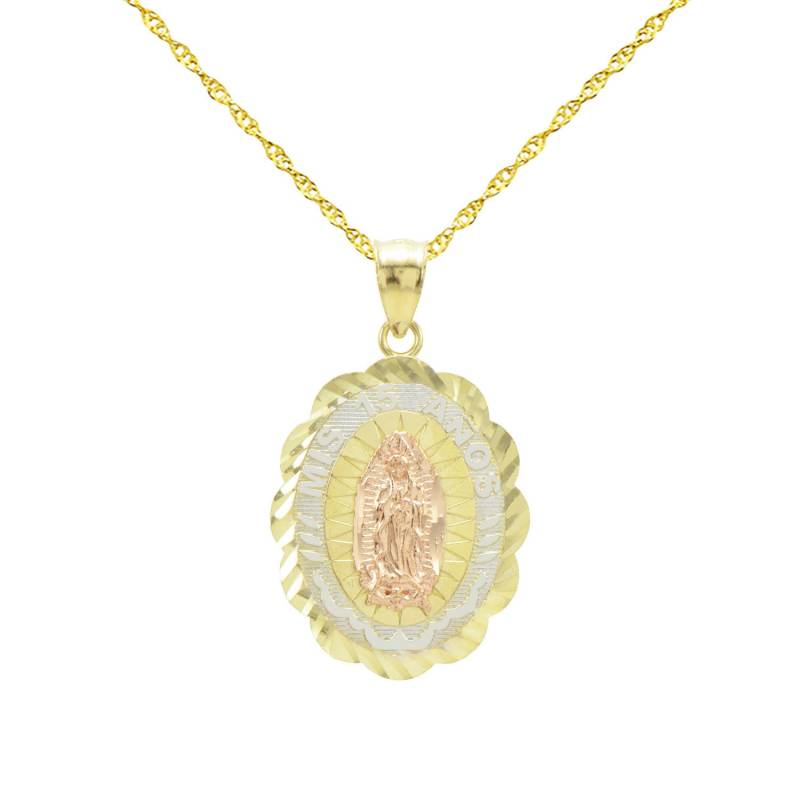14K Tri-Color Gold 15 Anos Quinceanera Jungfrau Maria Guadalupe Anhänger Halskette von PyramidJewelry