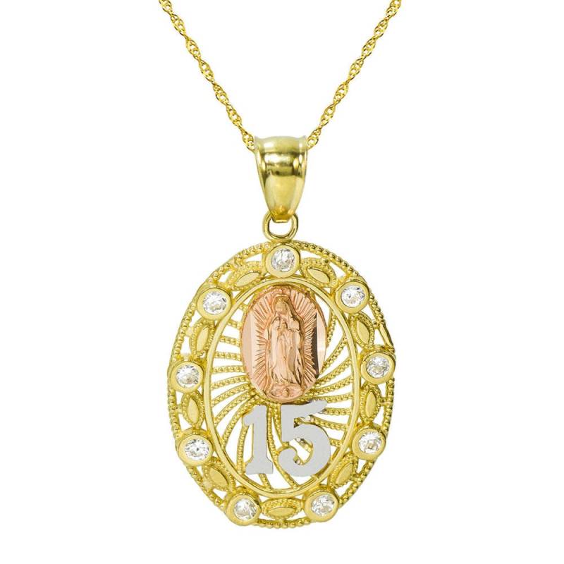 14K Tri Color Gold 15 Quinceanera Jungfrau Maria Guadalupe Anhänger Halskette von PyramidJewelry