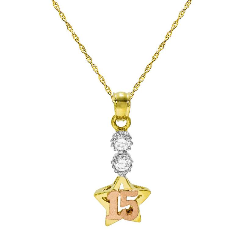 14K Tri-Color Gold 15 Quinceanera Stern Anhänger Halskette von PyramidJewelry