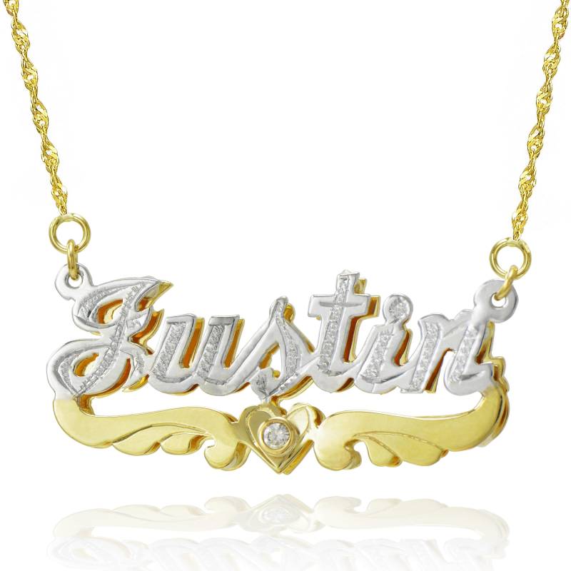 14K Two Tone Gold Personalisierte 3D Doppel Namensschild Halskette Mit Cz - Customize Any Name von PyramidJewelry
