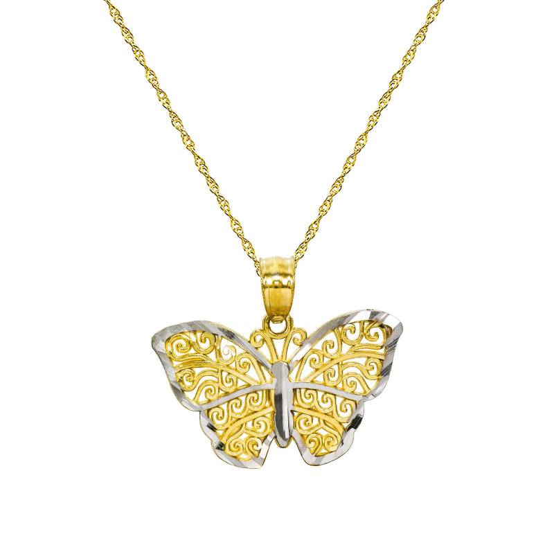 14K Two Tone Gold Schmetterling Anhänger Halskette von PyramidJewelry