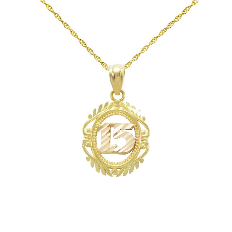 14K Zwei Ton Gold 15 Anos Quinceanera Anhänger Halskette von PyramidJewelry
