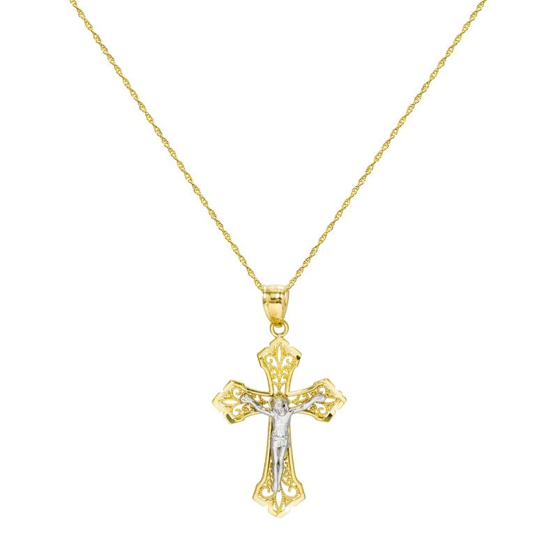 14K Zwei Ton Gold Jesus Christus Kreuz Anhänger Halskette von PyramidJewelry