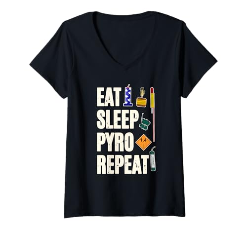 Damen Eat Sleep Pyro Repeat T-Shirt mit V-Ausschnitt von Pyro Silvester Feuerwerk Pyrotechniker Geschenke
