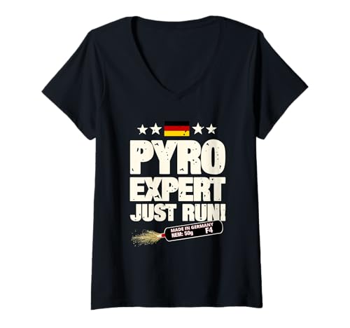 Damen Pyro Expert Just Run T-Shirt mit V-Ausschnitt von Pyro Silvester Feuerwerk Pyrotechniker Geschenke