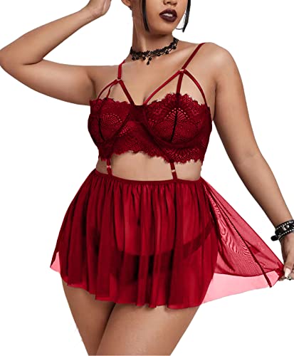 Damen Sexy Dessous Übergröße, durchsichtige Spitze, Babydoll, Riemen, exotische Nachtwäsche, Wimpernunterteilung, Unterhemd, XL-4XL, weinrot, X-Large von PyroLuna