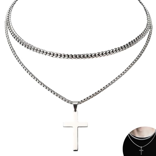 Kreuzkette Halskette Herren Kreuz Kette Silber 18/20 Zoll Edelstahl Kubanische Silberkette Geschichtet Panzerkette Jesus Cross Necklace Men Anhänger Schmuck Geschenke für Männer Damen Jungs Kreuzkette Halskette Herren Kreuz Kette Silber 18/20 Zoll Edelstahl Kubanische Silberkette Geschichtet Panzerkette Jesus Cross Necklace Men Anhänger Schmuck Geschenke für Männer Damen Jungs von Pyroclasia