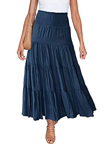 Pyrrha Damen-Midi-Rock, einfarbig, locker, plissiert, fließend, lange Röcke, hohe Taille, Midi-Röcke, Urlaub, A-Linie, hohe Taille, Kordelzug, lässig, Navy Blue, 44 von Pyrrha