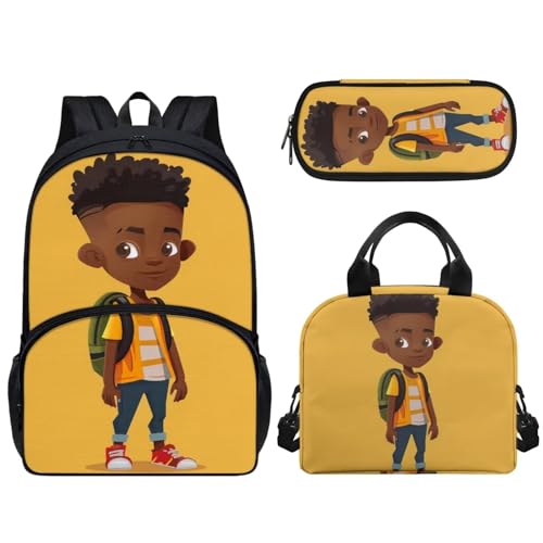 Pzuqiu 3-teiliges Rucksack-Set, 43,2 cm, Schultasche mit Lunchtasche und Stiftebox, Grundschüler, Büchertaschen für Camping, African Curly Hair Boy von Pzuqiu