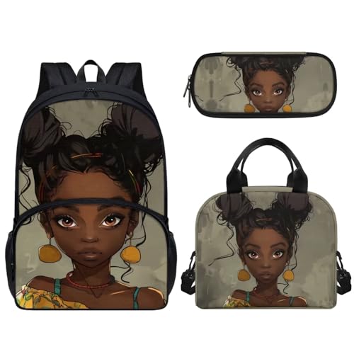 Pzuqiu 3-teiliges Rucksack-Set, 43,2 cm, Schultasche mit Lunchtasche und Stiftebox, Grundschüler, Büchertaschen für Camping, Cooles afrikanisches Mädchen von Pzuqiu