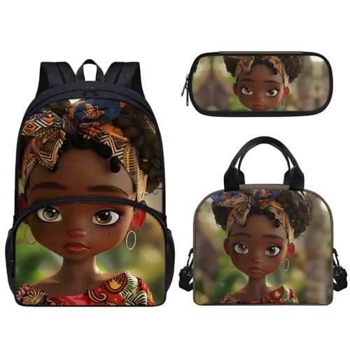 Pzuqiu 3-teiliges Rucksack-Set, 43,2 cm, Schultasche mit Lunchtasche und Stiftebox, Grundschüler, Büchertaschen für Camping, Niedliches Tribal-Mädchen von Pzuqiu