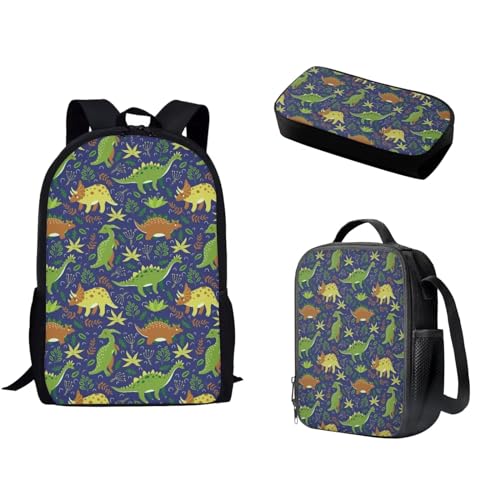 Pzuqiu 3-teiliges Rucksack-Set für Kinder, Schultasche mit Lunchtasche und Federmäppchen, Grundschüler, Tagesrucksäcke für Camping, Cartoon Dinosaurier von Pzuqiu