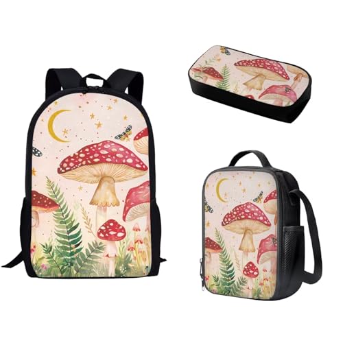 Pzuqiu 3-teiliges Rucksack-Set für Kinder, Schultasche mit Lunchtasche und Federmäppchen, Grundschüler, Tagesrucksäcke für Camping, Cartoon-Pilz von Pzuqiu