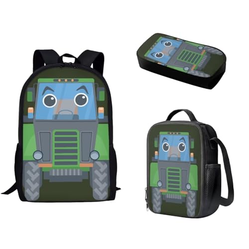 Pzuqiu 3-teiliges Rucksack-Set für Kinder, Schultasche mit Lunchtasche und Federmäppchen, Grundschüler, Tagesrucksäcke für Camping, Cartoon-Truck von Pzuqiu