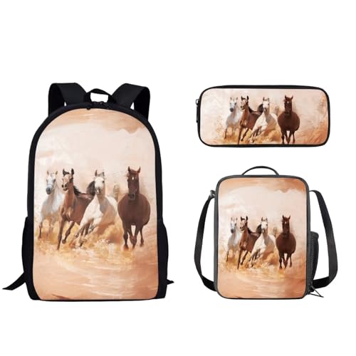 Pzuqiu 3-teiliges Rucksack-Set für Kinder, Schultasche mit Lunchtasche und Federmäppchen, Grundschüler, Tagesrucksäcke für Camping, Pferdemuster von Pzuqiu