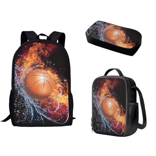 Pzuqiu 3-teiliges Rucksack-Set für Kinder, Schultasche mit Lunchtasche und Federmäppchen, Grundschüler, Tagesrucksäcke für Camping, Wasserfeuer-Basketball von Pzuqiu