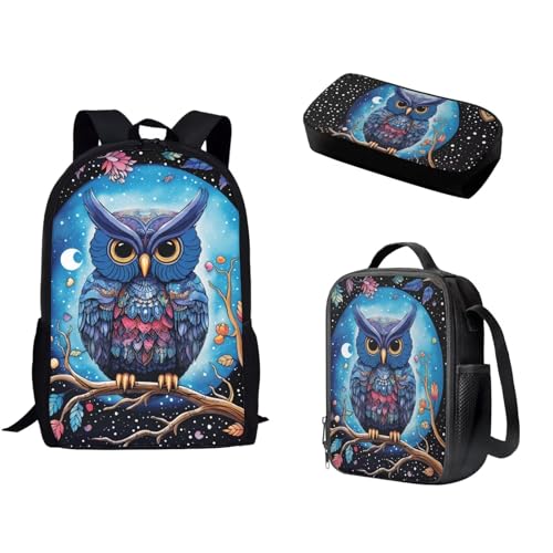 Pzuqiu 3-teiliges Rucksack-Set für Kinder, Schultasche mit Lunchtasche und Federmäppchen, Grundschüler, Tagesrucksäcke für Camping, eule von Pzuqiu