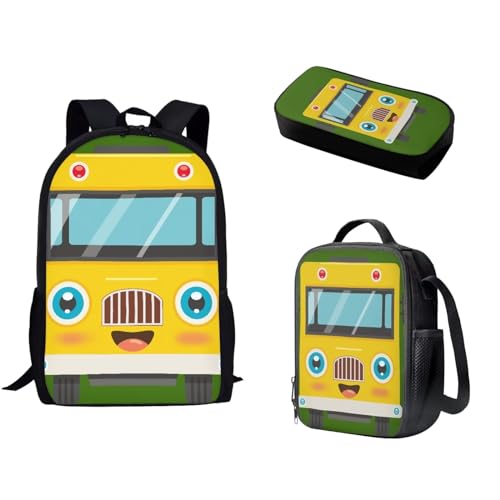 Pzuqiu 3-teiliges Rucksack-Set für Kinder, Schultasche mit Lunchtasche und Stiftebox, Grundschüler, Büchertaschen für Camping, Cartoon-Bus von Pzuqiu