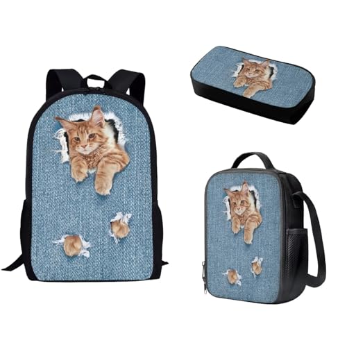 Pzuqiu 3-teiliges Rucksack-Set für Kinder, Schultasche mit Lunchtasche und Stiftebox, Grundschüler, Büchertaschen für Camping, Denim Cat von Pzuqiu