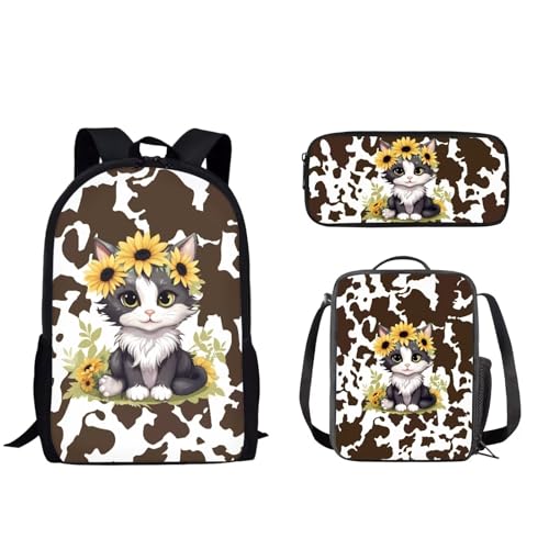 Pzuqiu 3-teiliges Rucksack-Set für Kinder, Schultasche mit Lunchtasche und Stiftebox, Grundschüler, Büchertaschen für Camping, Kuh-Katze von Pzuqiu