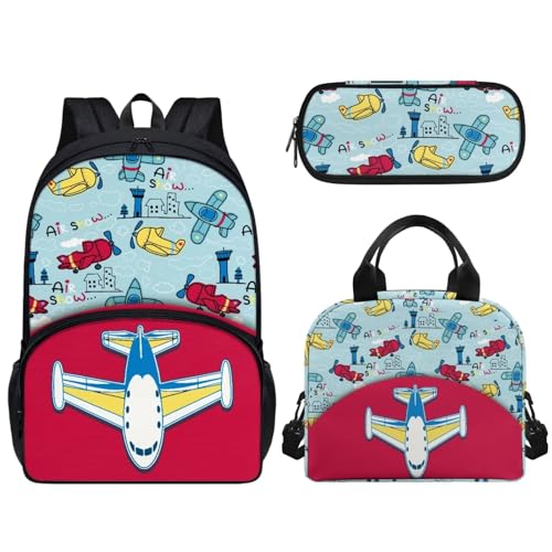 Pzuqiu 43,2 cm Schulrucksack-Set mit Lunchtasche und Stifttasche für Kinder, Grundschule, Mittelschüler, Büchertasche, 3-teiliges Set, Cartoon-Flugzeug von Pzuqiu