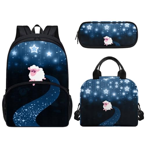 Pzuqiu 43,2 cm Schulrucksack-Set mit Lunchtasche und Stifttasche für Kinder, Grundschule, Mittelschüler, Büchertasche, 3-teiliges Set, Schaf-Stern von Pzuqiu