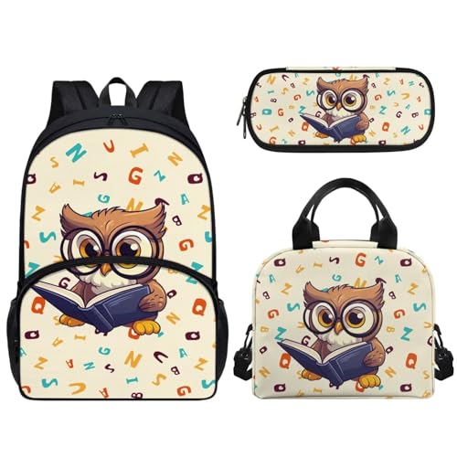 Pzuqiu 43,2 cm Schulrucksack-Set mit Lunchtasche und Stifttasche für Kinder, Grundschule, Mittelschüler, Büchertasche, 3-teiliges Set, eule von Pzuqiu