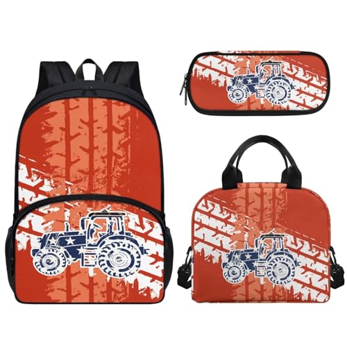 Pzuqiu 43,2 cm Schulrucksack für Kinder, Schultasche mit Lunchbox und Federmäppchen, tragbarer Kinderrucksack, 3-teiliges Set, Cartoon Traktor von Pzuqiu