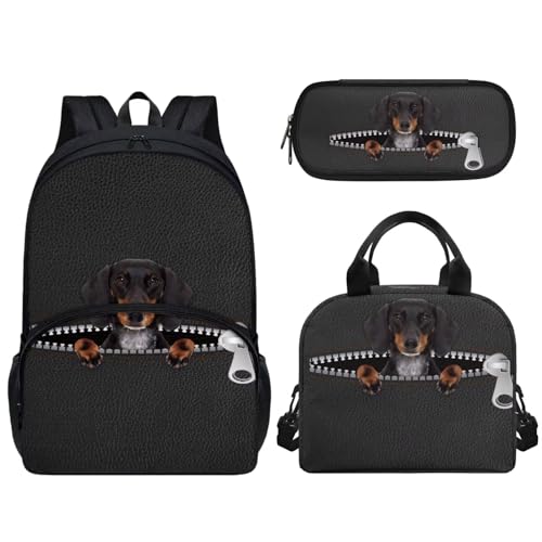 Pzuqiu 43,2 cm Schulrucksack für Kinder, Schultasche mit Lunchbox und Federmäppchen, tragbarer Kinderrucksack, 3-teiliges Set, Hund mit Reißverschluss von Pzuqiu