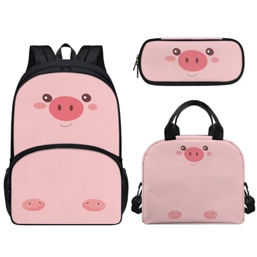 Pzuqiu 43,2 cm Schulrucksack für Kinder, Schultasche mit Lunchbox und Federmäppchen, tragbarer Kinderrucksack, 3-teiliges Set, Niedliches Schweinchen von Pzuqiu