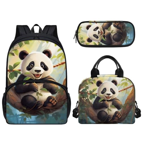 Pzuqiu 43,2 cm Schulrucksack für Kinder, Schultasche mit Lunchbox und Federmäppchen, tragbarer Kinderrucksack, 3-teiliges Set, Panda von Pzuqiu