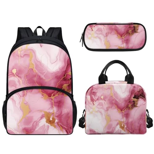 Pzuqiu 43,2 cm Schulrucksack für Kinder, Schultasche mit Lunchbox und Federmäppchen, tragbarer Kinderrucksack, 3-teiliges Set, Rosa Marmor von Pzuqiu