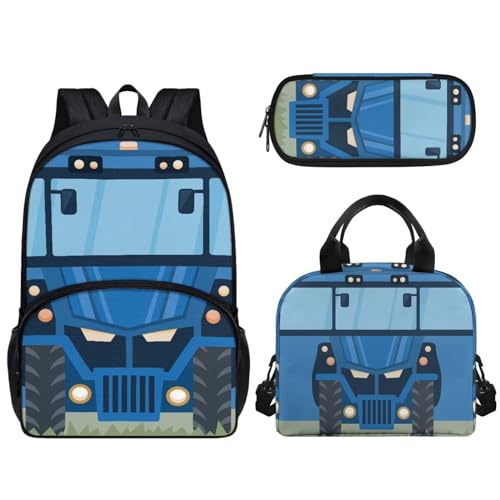 Pzuqiu 43,2 cm Schultasche mit Lunchtasche und Federmäppchen, Schüler-Rucksack, Elementar-Kinder-Büchertasche, 3-teiliges Set, Blauer LKW von Pzuqiu